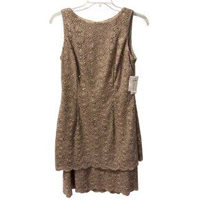 Alex Evenings Beige  Lace Sleeveless Cocktail Dress With Scalloped Hem & Sequin